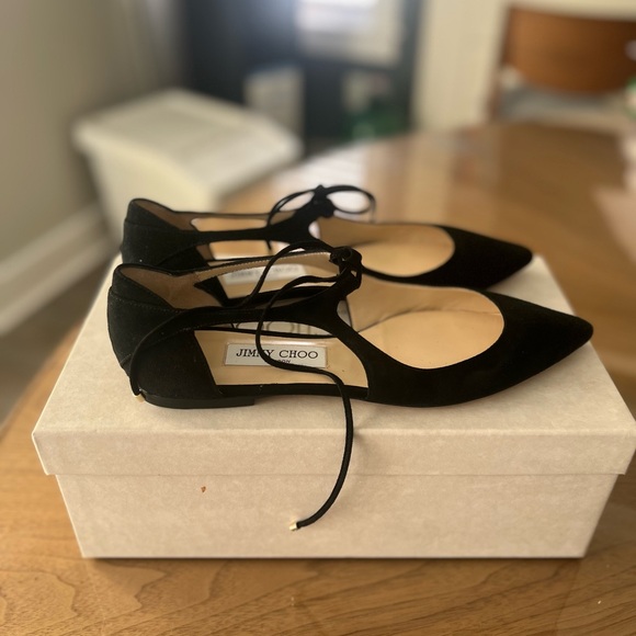 Jimmy Choo Shoes - BNIB Jimmy Choo Vanessa Black Suede Flats with Ankle Tie